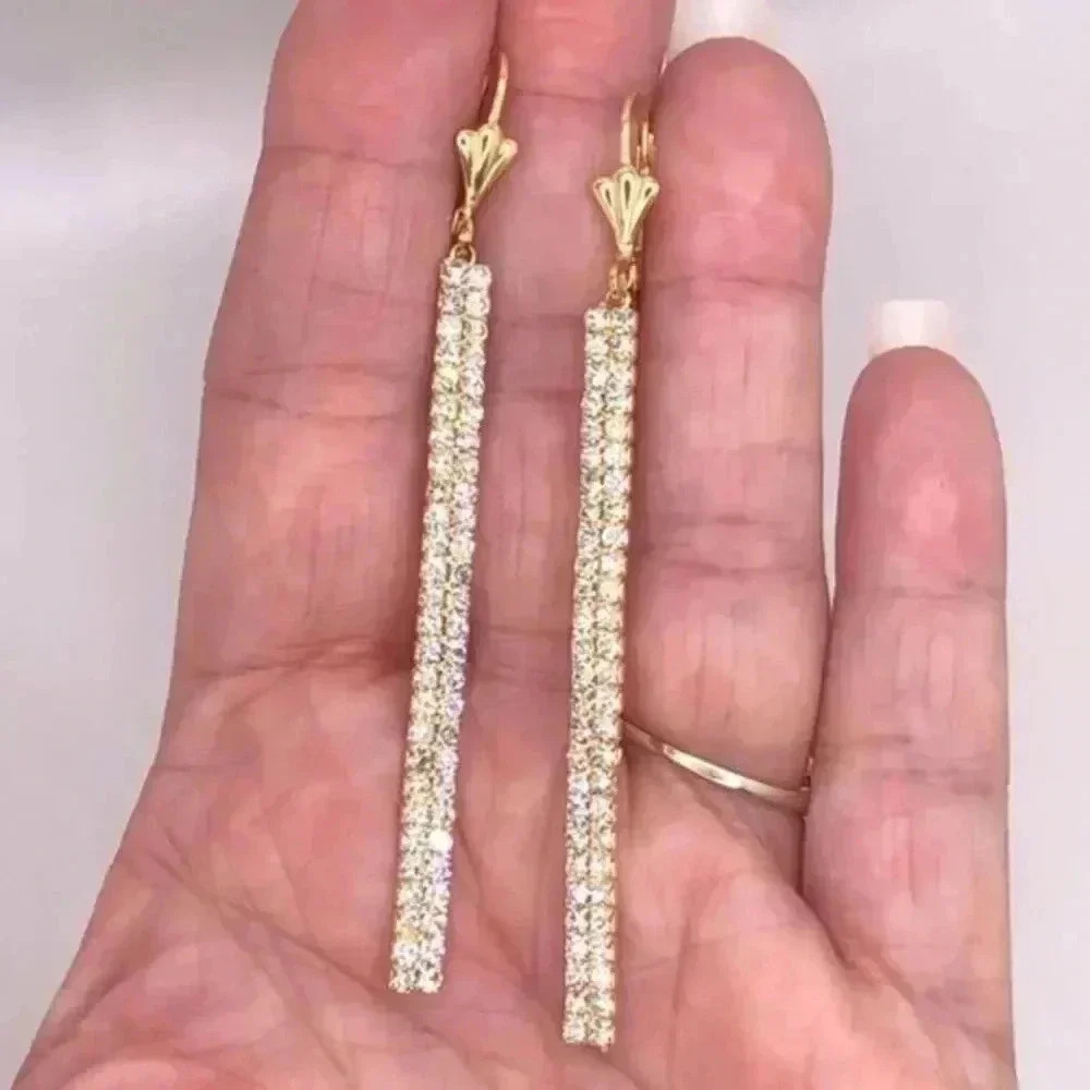 18k Gold Filled AAA Cubic Zirconia Long Bar Glamorous Drop Earrings